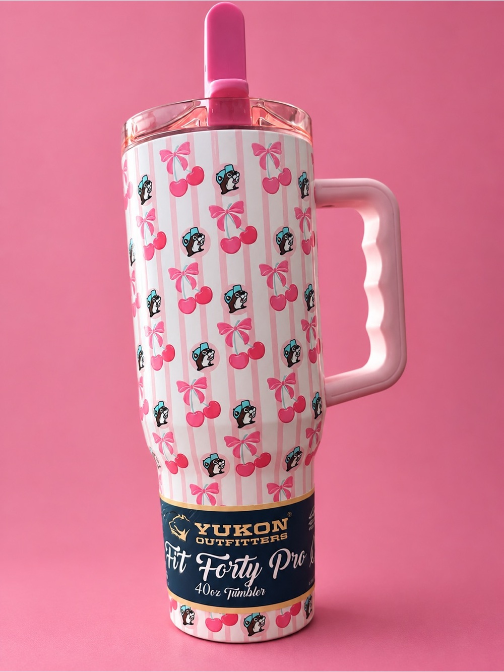 Yukon Outfitters Pink Cherry Pattern 40oz Tumbler with Handle and Straw